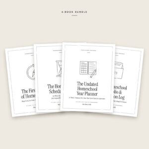 The New Homeschooler Starter Bundle: 4 black-and-white book covers fanned out, including The First 30 Days Homeschooling, The Homeschool Schedule Reset, Undated homeschool planner, Portfolio and Evaluation Log.