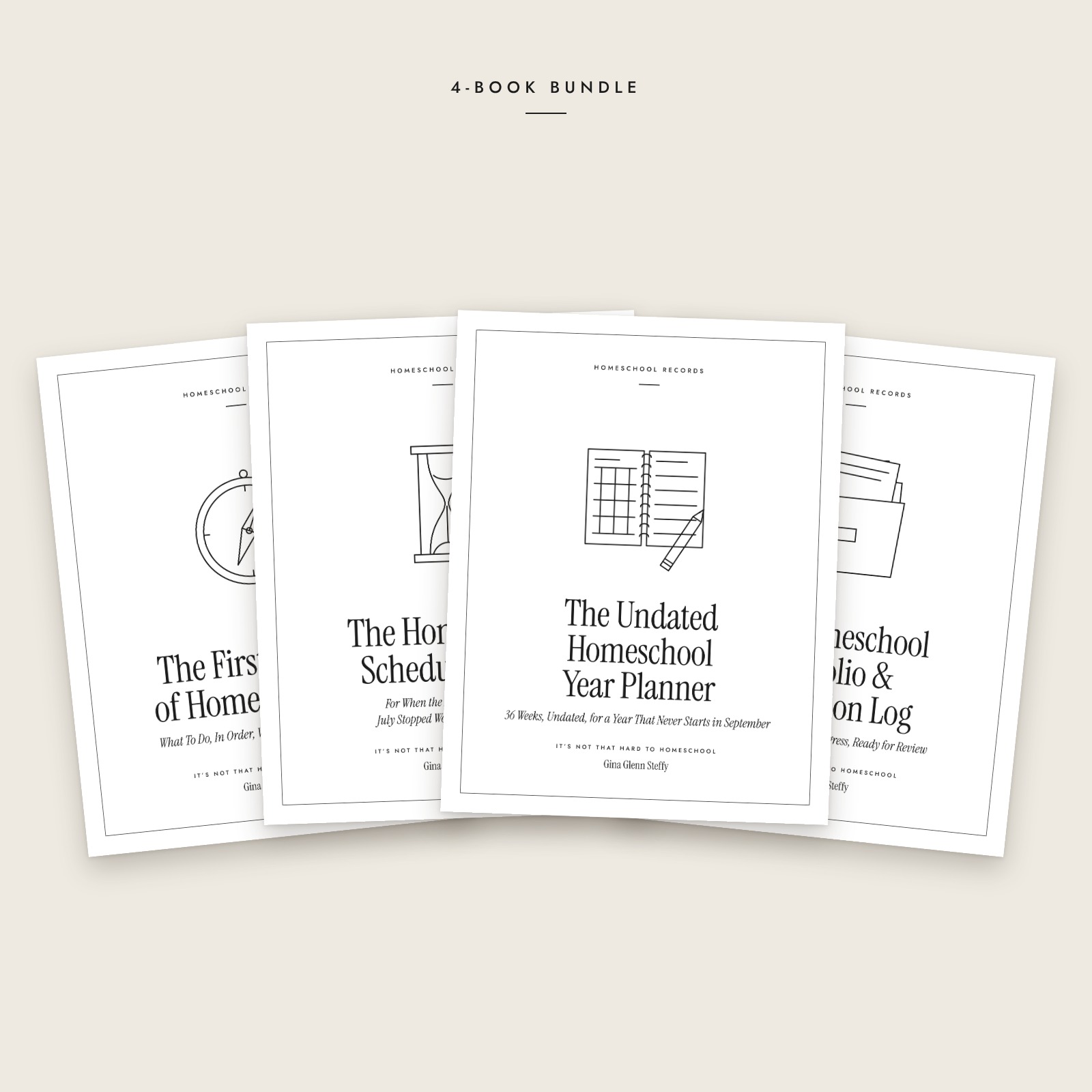 The New Homeschooler Starter Bundle: 4 black-and-white book covers fanned out, including The First 30 Days Homeschooling, The Homeschool Schedule Reset, Undated homeschool planner, Portfolio and Evaluation Log.
