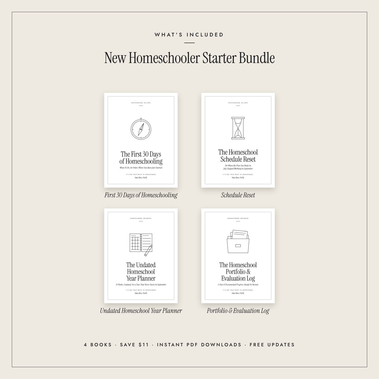 What's included in The New Homeschooler Starter Bundle: 4 book covers with titles, including The First 30 Days Homeschooling, The Homeschool Schedule Reset, Undated homeschool planner, Portfolio and Evaluation Log.