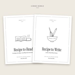 Recipe to Read + Recipe to Write: Grades 3 & 4 Set: 2 black-and-white book covers fanned out, including Recipe to Read: Grades 3 & 4, Recipe to Write: Grades 3 & 4.