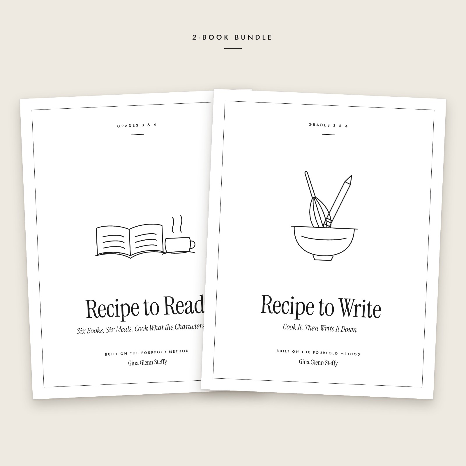 Recipe to Read + Recipe to Write: Grades 3 & 4 Set: 2 black-and-white book covers fanned out, including Recipe to Read: Grades 3 & 4, Recipe to Write: Grades 3 & 4.