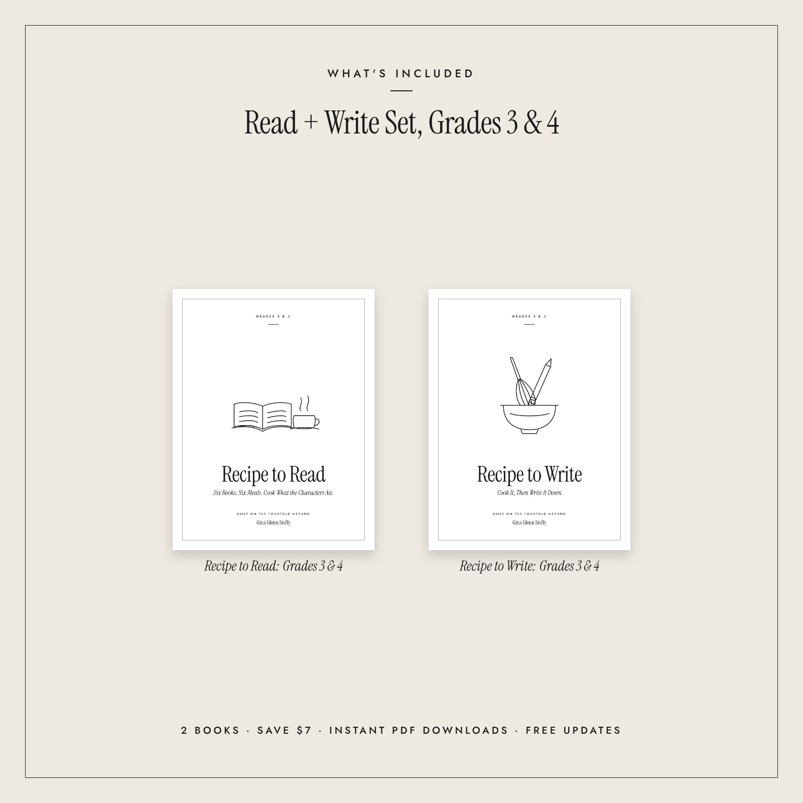 What's included in Recipe to Read + Recipe to Write: Grades 3 & 4 Set: 2 book covers with titles, including Recipe to Read: Grades 3 & 4, Recipe to Write: Grades 3 & 4.