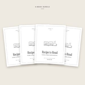 Recipe to Read: The Complete Series, Grades 3–12: 4 black-and-white book covers fanned out, including Recipe to Read: Grades 3 & 4, Recipe to Read: Grades 5 & 6, Recipe to Read: Grades 7–9, Recipe to Read High School.