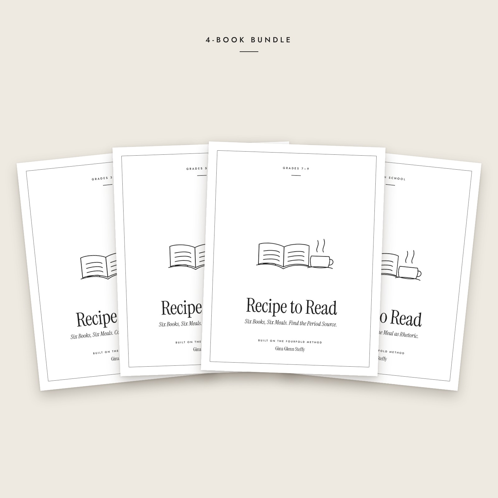 Recipe to Read: The Complete Series, Grades 3–12: 4 black-and-white book covers fanned out, including Recipe to Read: Grades 3 & 4, Recipe to Read: Grades 5 & 6, Recipe to Read: Grades 7–9, Recipe to Read High School.