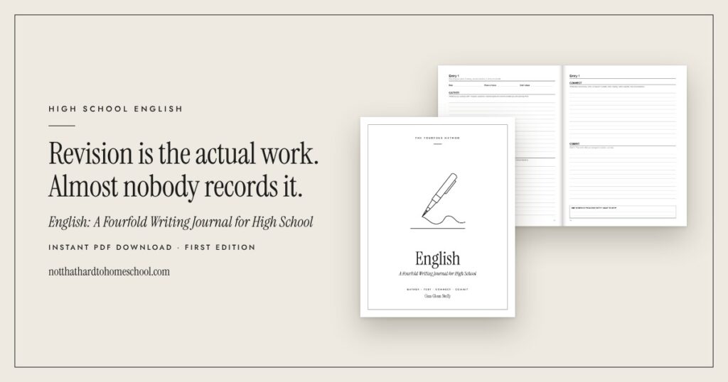 Cover and an open inside spread of English: A Fourfold Writing Journal for High School, a printable PDF from It's Not That Hard to Homeschool.