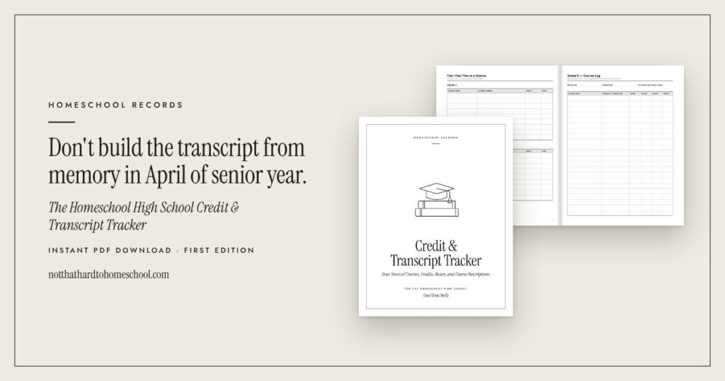 Cover and an open inside spread of The Homeschool High School Credit & Transcript Tracker, a printable PDF from It's Not That Hard to Homeschool.
