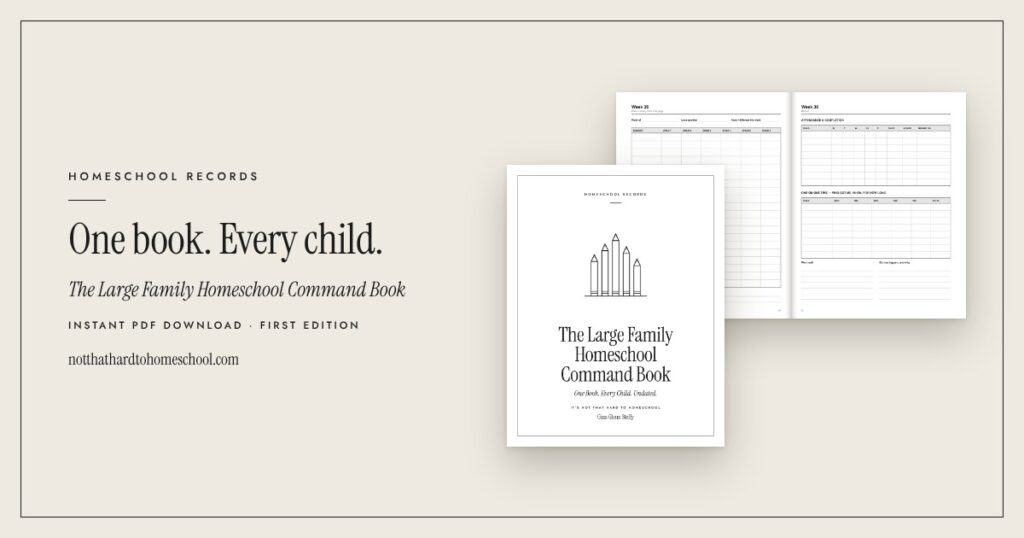 Cover and an open inside spread of The Large Family Homeschool Command Book, a printable PDF from It's Not That Hard to Homeschool.