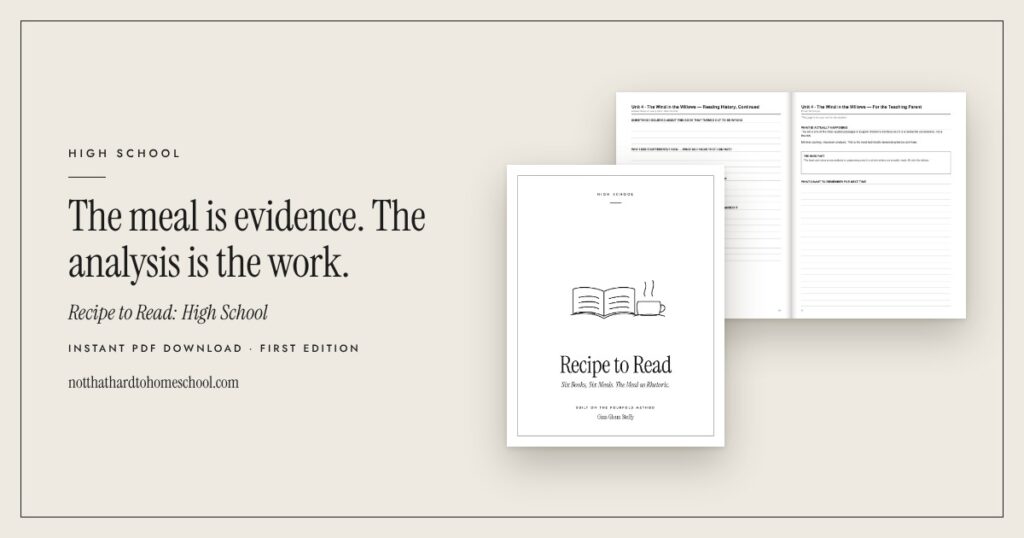 Cover and an open inside spread of Recipe to Read: High School, a printable PDF from It's Not That Hard to Homeschool.